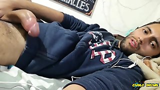 Jerking my big cock with a huge cum shot and eating my cum - Camilo Brown